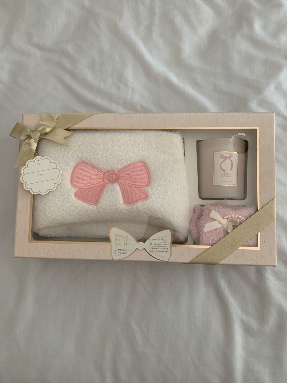 Joyward Put A Bow On It 3-Piece Gift Set Coquette Pink Sherpa Bow Pouch Sock NIB